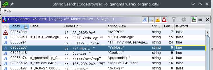 “strings on loligang file in ghidra”