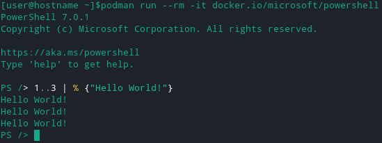 podman run –rm -it docker.io/microsoft/powershell