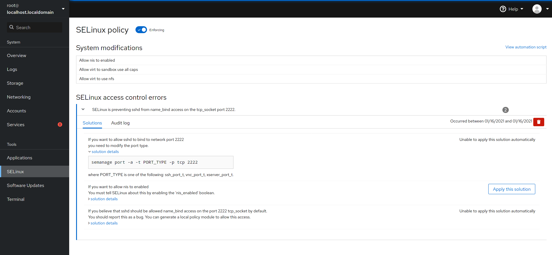 cockpit seLinux page